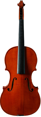 vista frontal de un violín inacabado de madera color cerezo intenso sin cuerdas