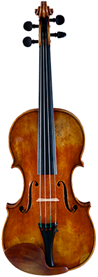 vista frontal de un violín de madera color marrón oscuro con efecto desgaste