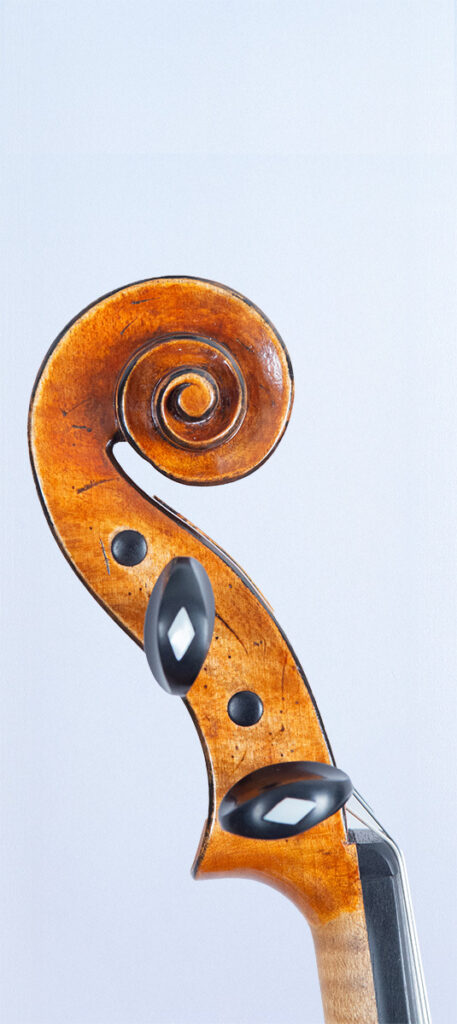 vista lateral izquierdo de detalle de la voluta, caja de clavos y clavos de afinación de uno de los violines marrón chocolate de Stefan Marinescu