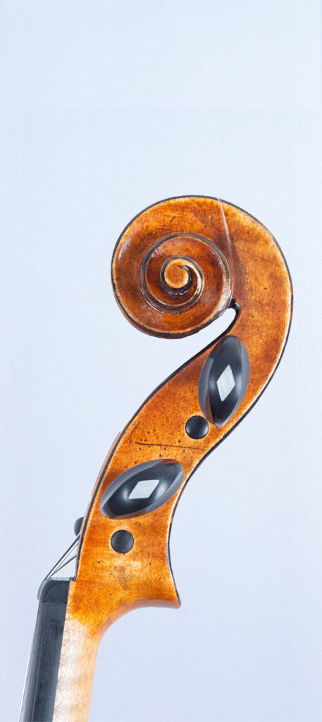 vista lateral derecho de detalle de la voluta, caja de clavos y clavos de afinación de uno de los violines marrón chocolate de Stefan Marinescu