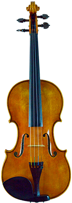 vista frontal de un violín de madera color marrón claro con ligero efecto desgaste
