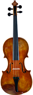 vista frontal de un violín de madera color marrón oscuro con efecto desgaste